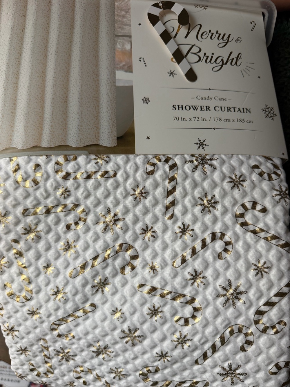 Merry & Bright Gold Candy Cane Shower Curtain by